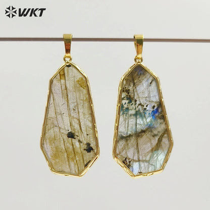 WT-P2127 Wholesale Gold Electroplated Natural Labradorite And Amazonite Stone Geometric Pendants For Lady Necklace Design