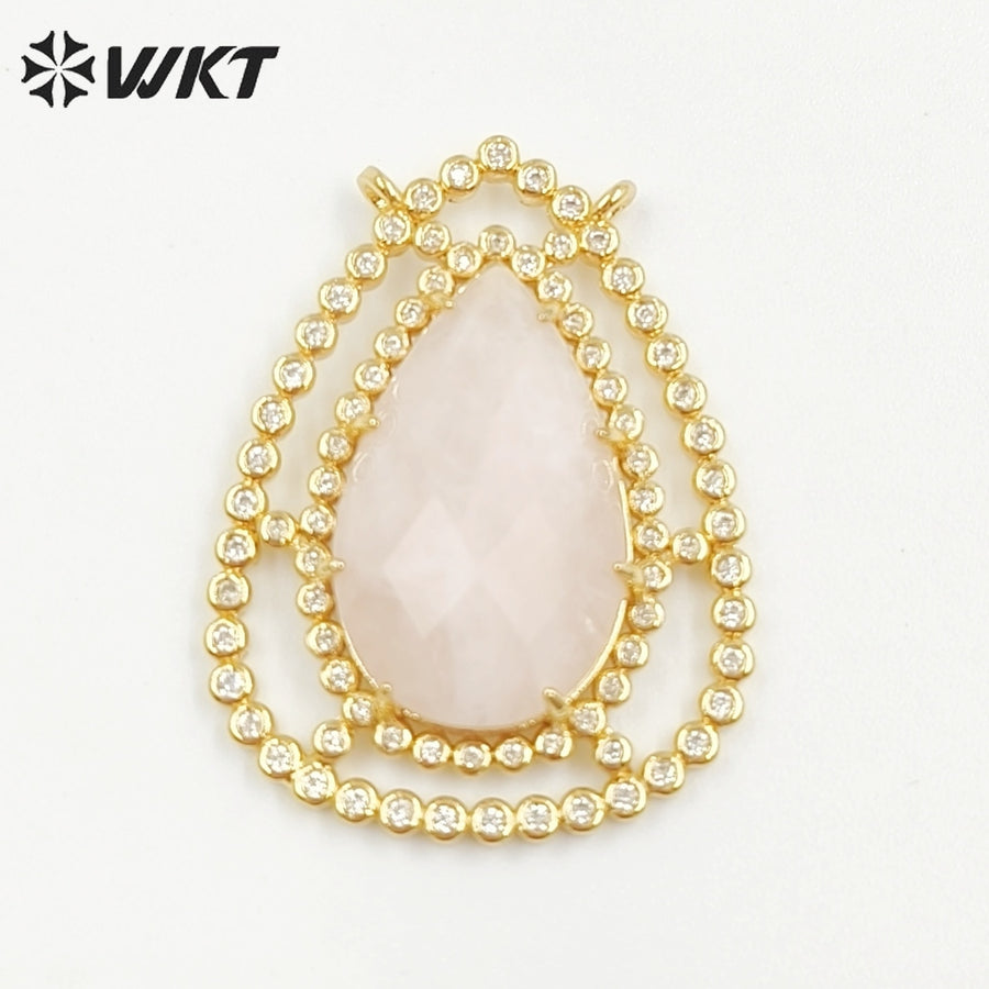 WT-MP258 Newest Charming Cubic Zircon Stone Connectors for Bracelet Design Women Gold Bezel Double Loops Round Pendant