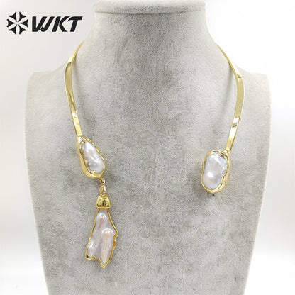 WT-JN212 Wholesale Fashion Gorgeous 18k Real Gold Plated Baroque Pearl Necklace Precious Noble Style Freshwater Pearl Necklace