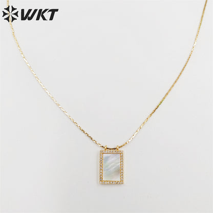 WT-JN214 WKT Newest Exclusive Tiny Long Square Natural Shell Necklace Lady Simple Micropaved Cubic Zircon Shell Necklace