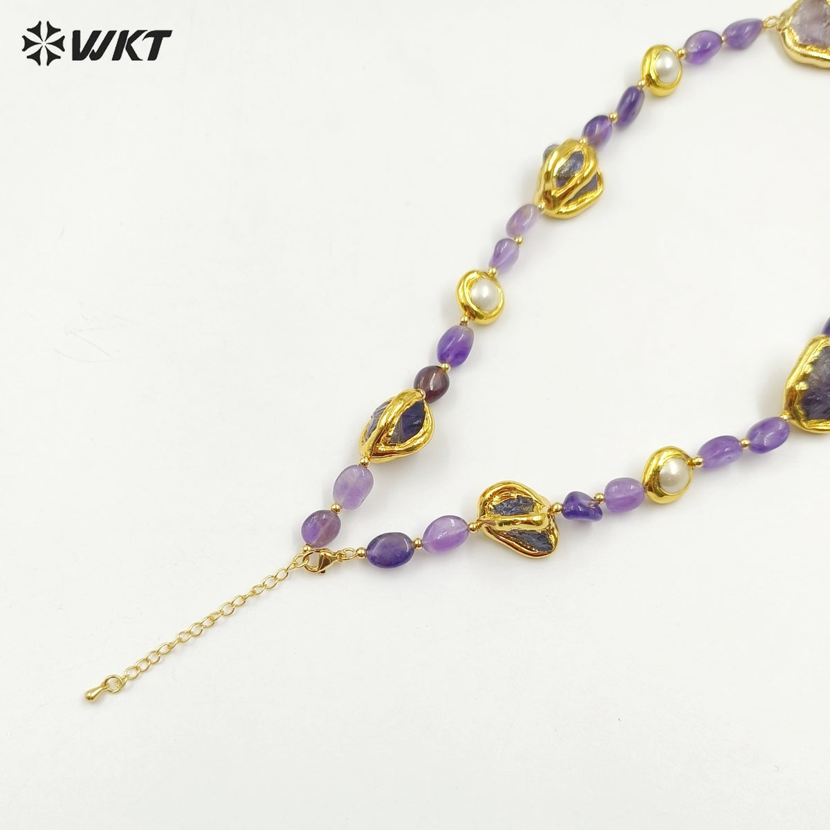 WT-N1464 Gorgeous Unique Gold Plated Natural Chunky Amethyst Beads and Pearl Big Stone Pendant Necklace