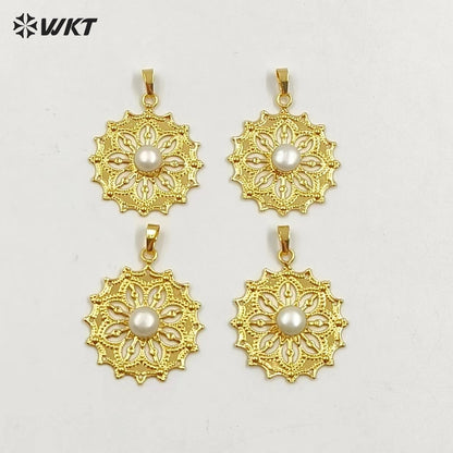 WT-JP363 Wholesale Royal Court Style Hollow Yellow Brass Made With 18K Real Gold Plated Freshwater Pearl Charm Pendants