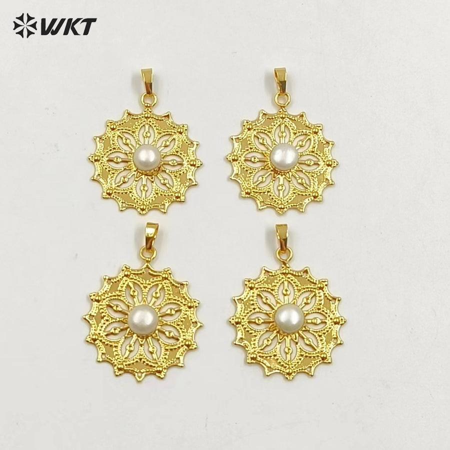 WT-JP363 Wholesale Royal Court Style Hollow Yellow Brass Made With 18K Real Gold Plated Freshwater Pearl Charm Pendants