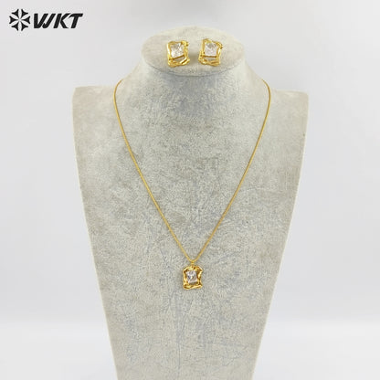 WT-JFN73 One Set Sales Sparkling Simple Design Gold Electroplated Zircon Necklace And Earrings For Women Luxury Jewelry