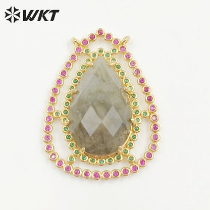 WT-MP258 Newest Charming Cubic Zircon Stone Connectors for Bracelet Design Women Gold Bezel Double Loops Round Pendant