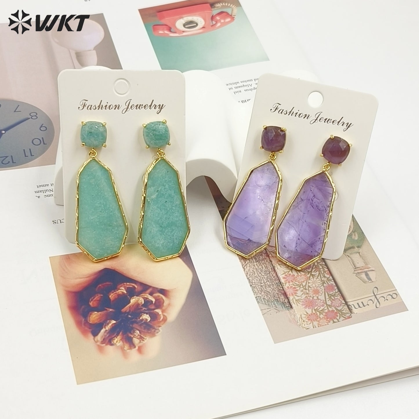 WT-E826 Factory Wholesale Gold Plated Colorful Natural Gemstones Long Earrings For Female Party Wearing Jewelry Accessory