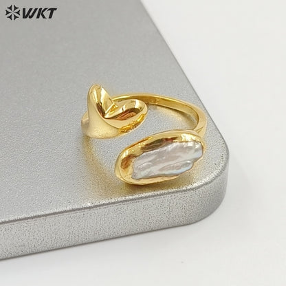 WT-MPR159 Exquisite Romantic Gold Plated Natural Freshwater Pearl Heart Shape Adjustable Size Women Rings As Birthday Gift