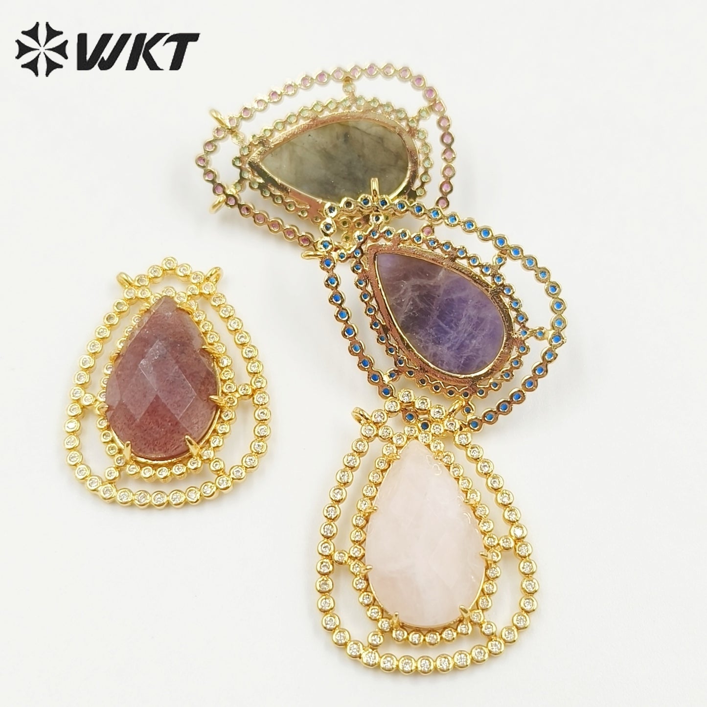 WT-MP258 Newest Charming Cubic Zircon Stone Connectors for Bracelet Design Women Gold Bezel Double Loops Round Pendant