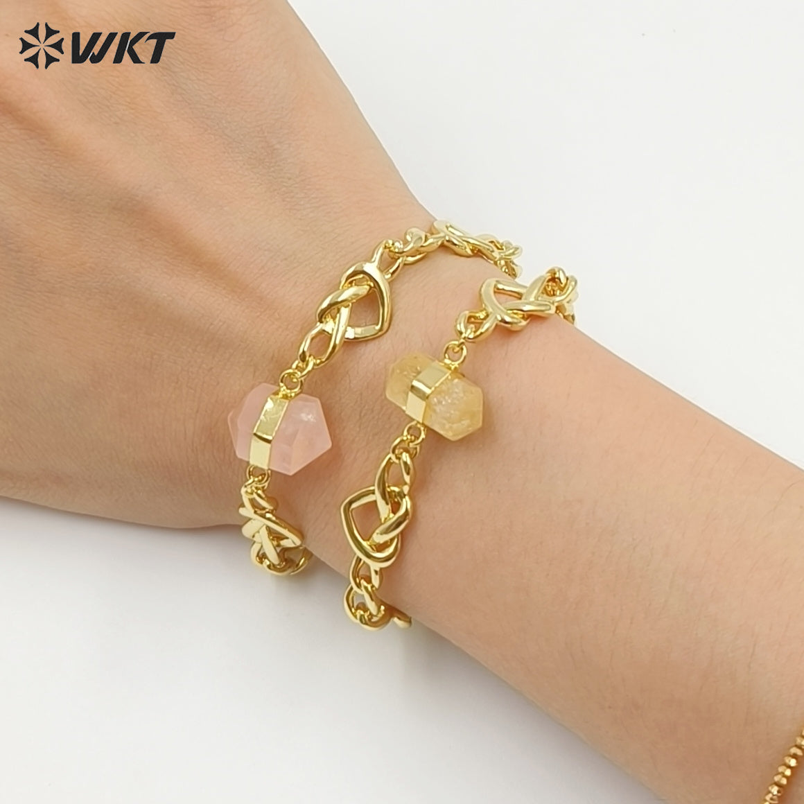 WT-B717 Exclusive Lovely Gold Plated Yellow Brass Heart Star Chain With Natural Gemstones Charms Bracelets As Friends Gift