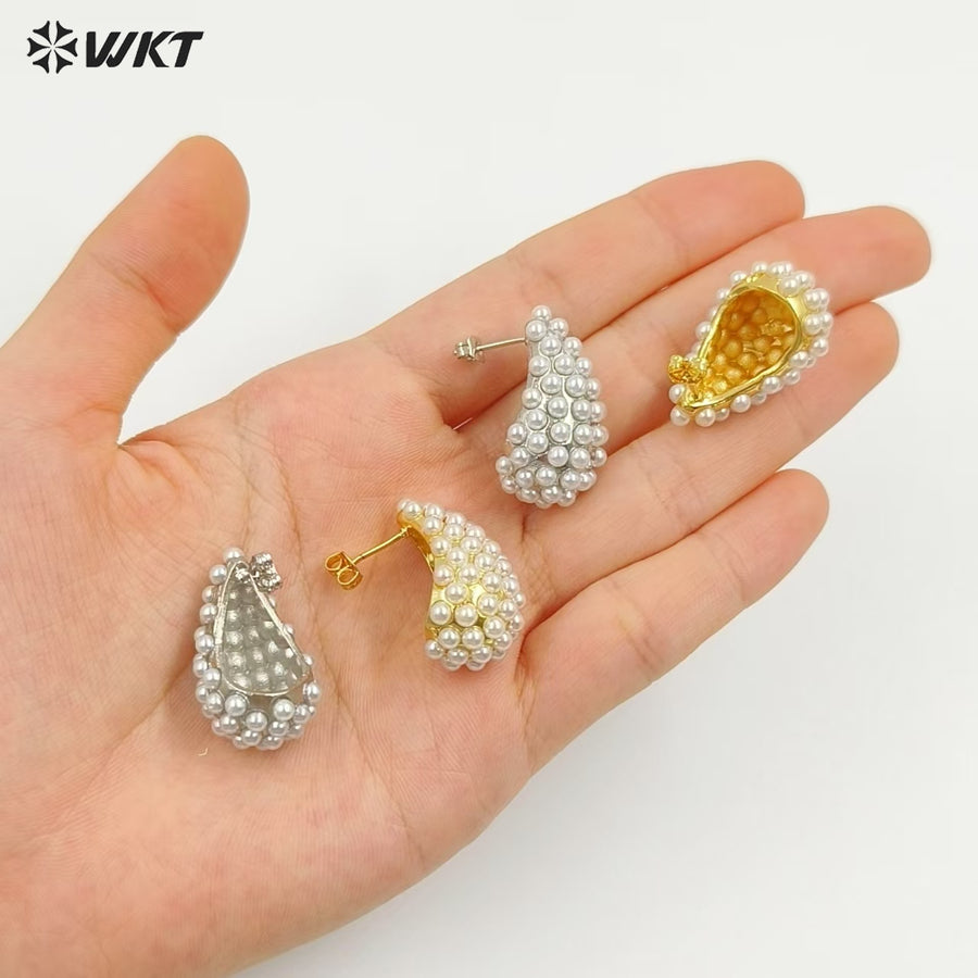 WT-ME129 Hot Sales Elegant Design Gold And Silver Plated Brass With Artificial Pearl Teardrop Shape Earrings For Wedding Gift