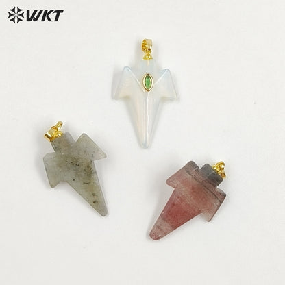 WT-P2096 Unique Design Zircon And Various Natural Gemstones Sword Shape Gold Pendants For Exclusive Necklaces Hand Making