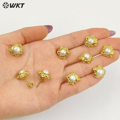 WT-EHP104 Delicate 18K Gold Plated Natural Freshwater Pearl Sun Shape Little Earrings Finding With Hoop For Women Jewelry DIY