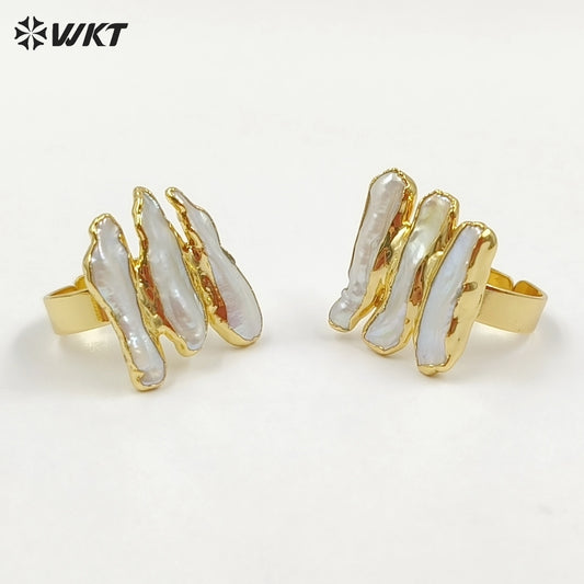 WT-R305 2018 New 18K Metal Electroplated Adjustable Rings Geometric Shape for Elegant Women with Freshwater Pearl Ring