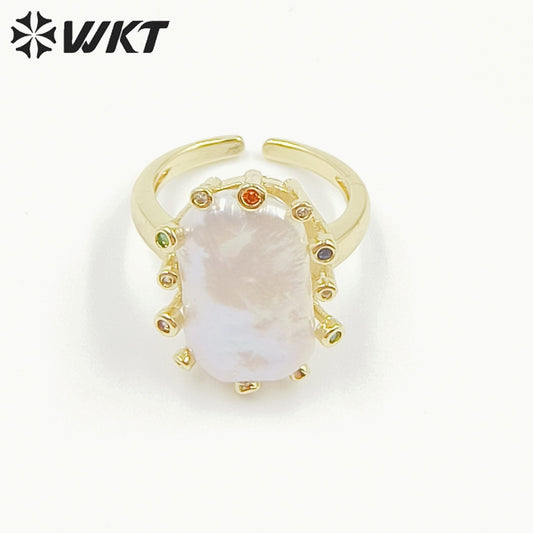 WT-MPR058 Freshwater Pearl Zircon Stravagante 18k Gold Plating Trendy Ring Lovely Women Natural Pearl Boho Ring for Gift