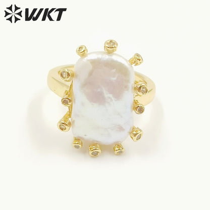 WT-MPR058 Freshwater Pearl Zircon Stravagante 18k Gold Plating Trendy Ring Lovely Women Natural Pearl Boho Ring for Gift