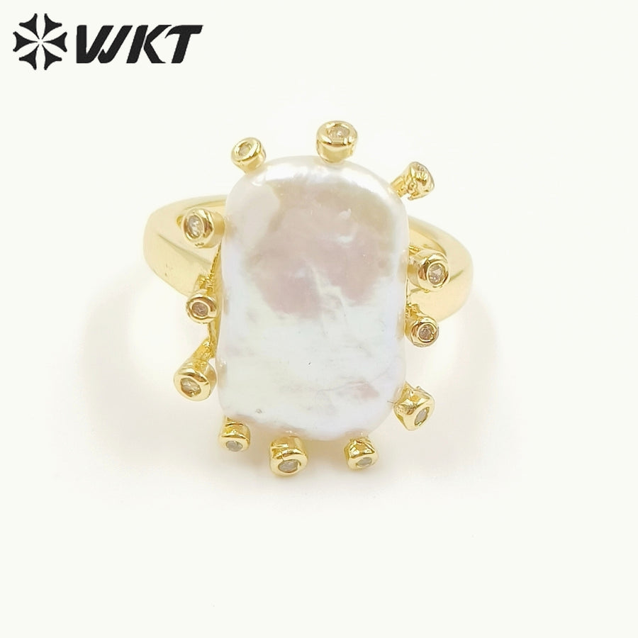 WT-MPR058 Freshwater Pearl Zircon Stravagante 18k Gold Plating Trendy Ring Lovely Women Natural Pearl Boho Ring for Gift