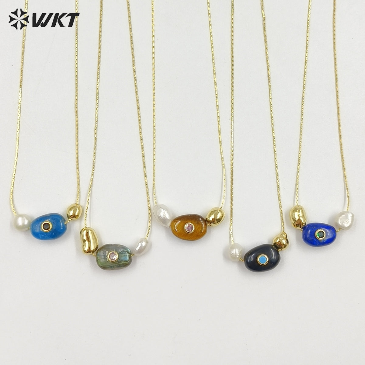 WT-N1541 Elegant Trendy Style Gold Electroplated Tiny Chain With Natural Gemstone And Pearl Pendant Necklace For Daily Wearing