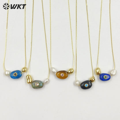 WT-N1541 Elegant Trendy Style Gold Electroplated Tiny Chain With Natural Gemstone And Pearl Pendant Necklace For Daily Wearing