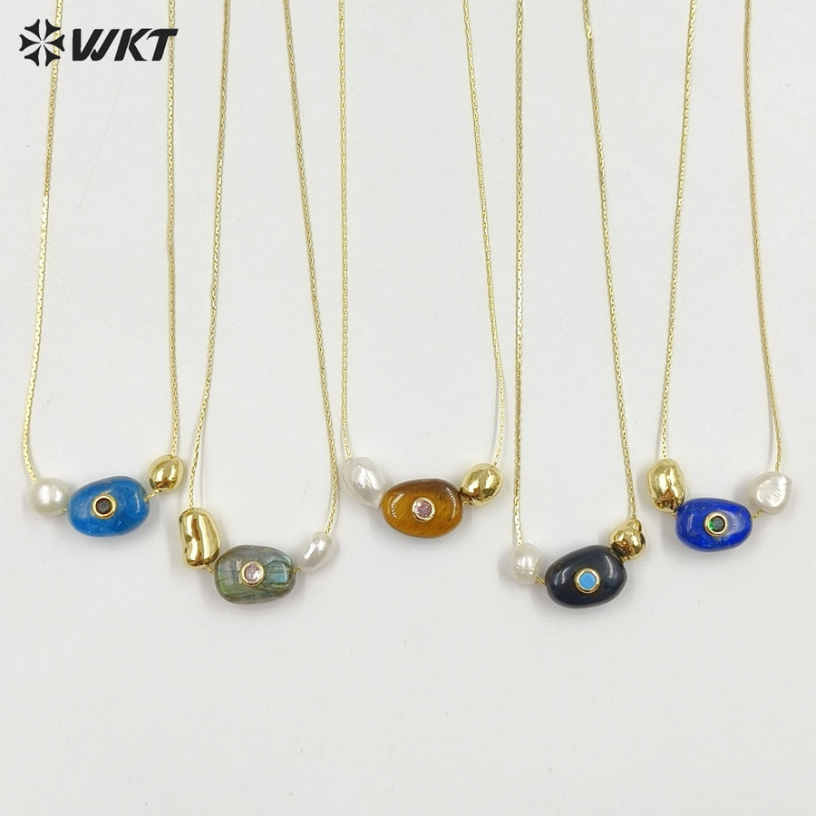WT-N1541 Elegant Trendy Style Gold Electroplated Tiny Chain With Natural Gemstone And Pearl Pendant Necklace For Daily Wearing