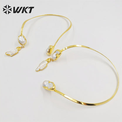 WT-JN212 Wholesale Fashion Gorgeous 18k Real Gold Plated Baroque Pearl Necklace Precious Noble Style Freshwater Pearl Necklace