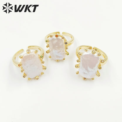 WT-MPR058 Freshwater Pearl Zircon Stravagante 18k Gold Plating Trendy Ring Lovely Women Natural Pearl Boho Ring for Gift