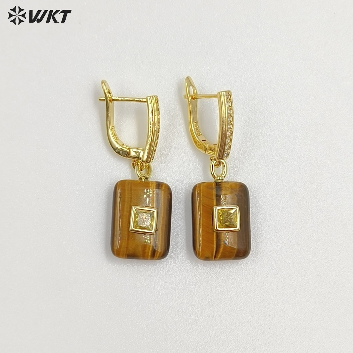 WT-E796 Top Quality Gold Plated Natural Multi Colors Gemstones With Zircon Rectangle Pendant Earrings For Lady Daily Wearing