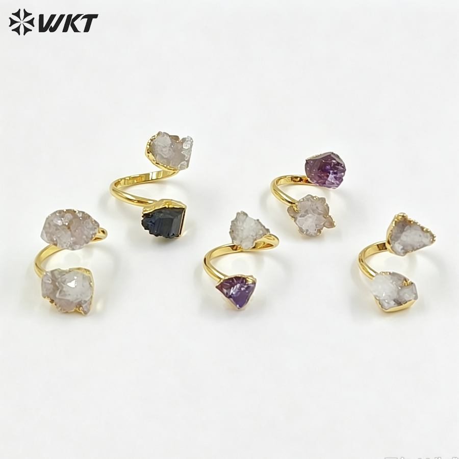 WT-R461 WKT New Material 18k Real Gold Plated Natural White Druzy Quartz Ring Women Fashion Trendy Energy Geode Agate Stone Ring