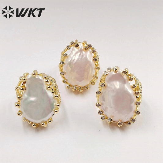 WT-MPR048 Newest Europe Hot Style Gorgeous Freshwater Pearl Ring Irregular White Pearl Women Ring for Wedding Anneversary Ring
