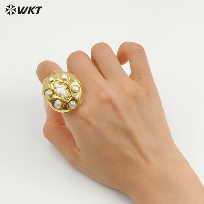 WT-MPR150 Pretty Jewelry Gold Electroplated Natural Freshwater Pearl Adjustable Cross Shape Women Rings As Anniversary Day Gift