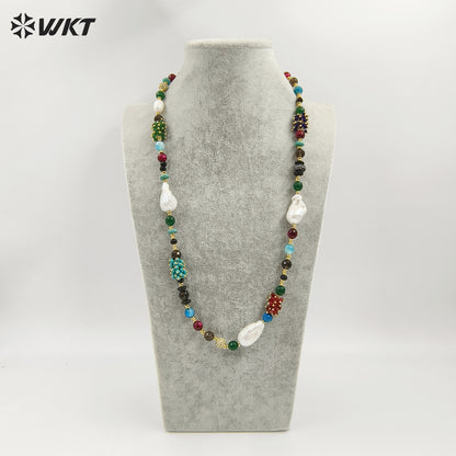 WT-JN264 Gorgeous 8MM Round Faceted Natural Agate and Baroque Pearl Lady Beads Necklace in 26 Inch Long