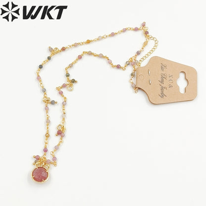 WT-N1431 16+2Inch Extend Chain Long Vubic Zircon Stone18k Yellow Gold Beads Necklace Gemstone Casual Long Statement Necklace