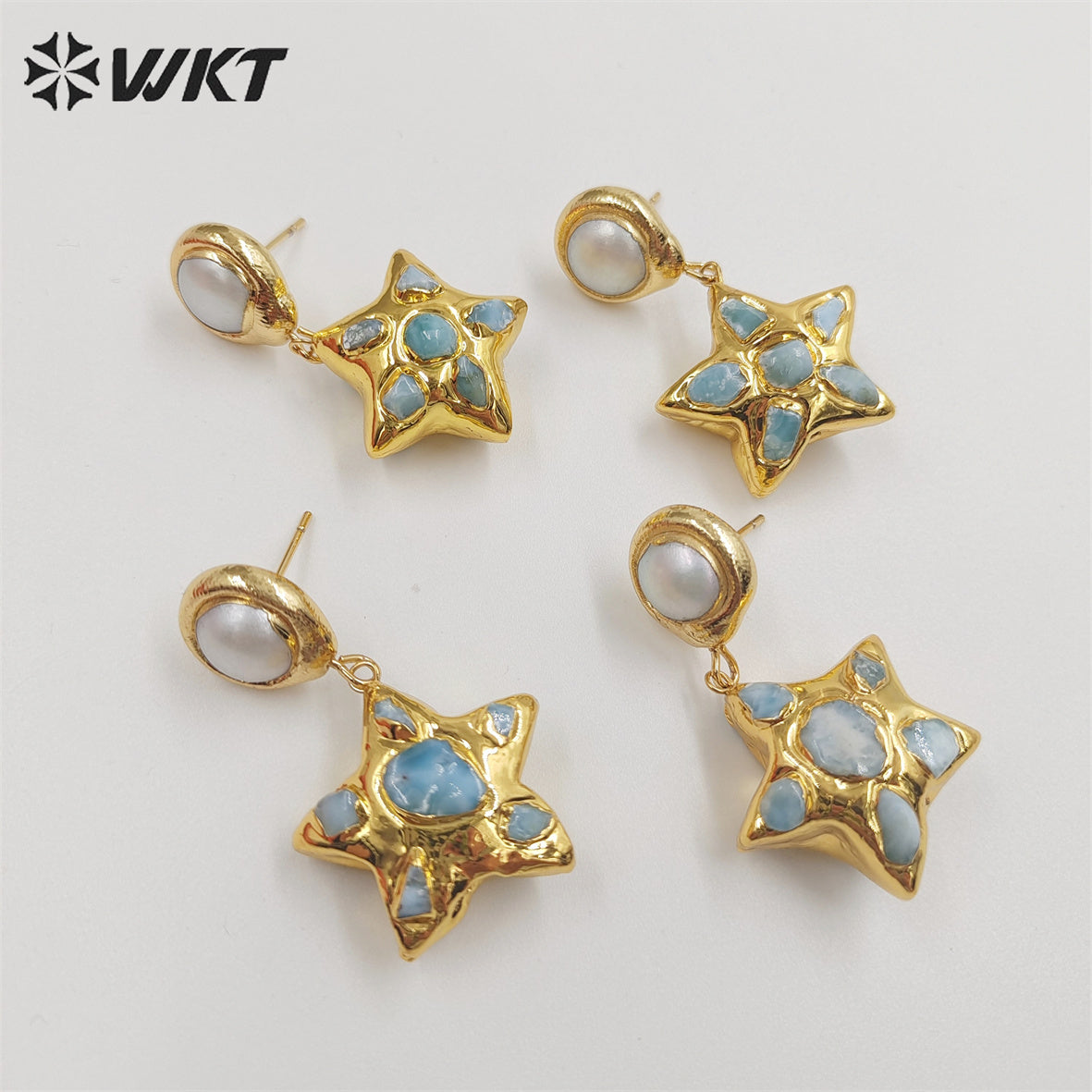 WKT-E674 Amazing Fashion Gold Plated Natural Blue Ocean jasper Stone Earrings Women Charming Dangle Star Pearl Earrings