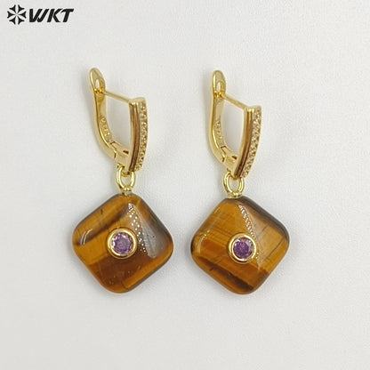 WT-E797 Wholesale Unique Design Gold Plated Black Obsidian Multi Gemstones With Zircon Geometric Women Earrings As Party Gift