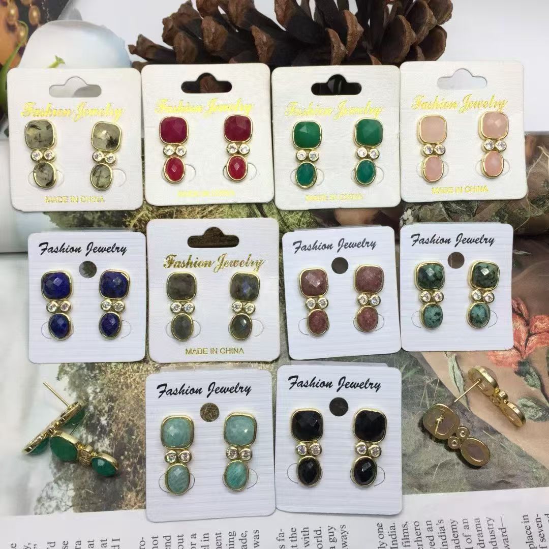 WT-E811 Modern Style Gold Plated Double Zircons And Natural Gemstones Square Oval Shape Women Earrings For Mother‘s Day Gifts
