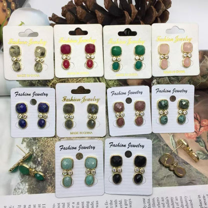 WT-E811 Modern Style Gold Plated Double Zircons And Natural Gemstones Square Oval Shape Women Earrings For Mother‘s Day Gifts