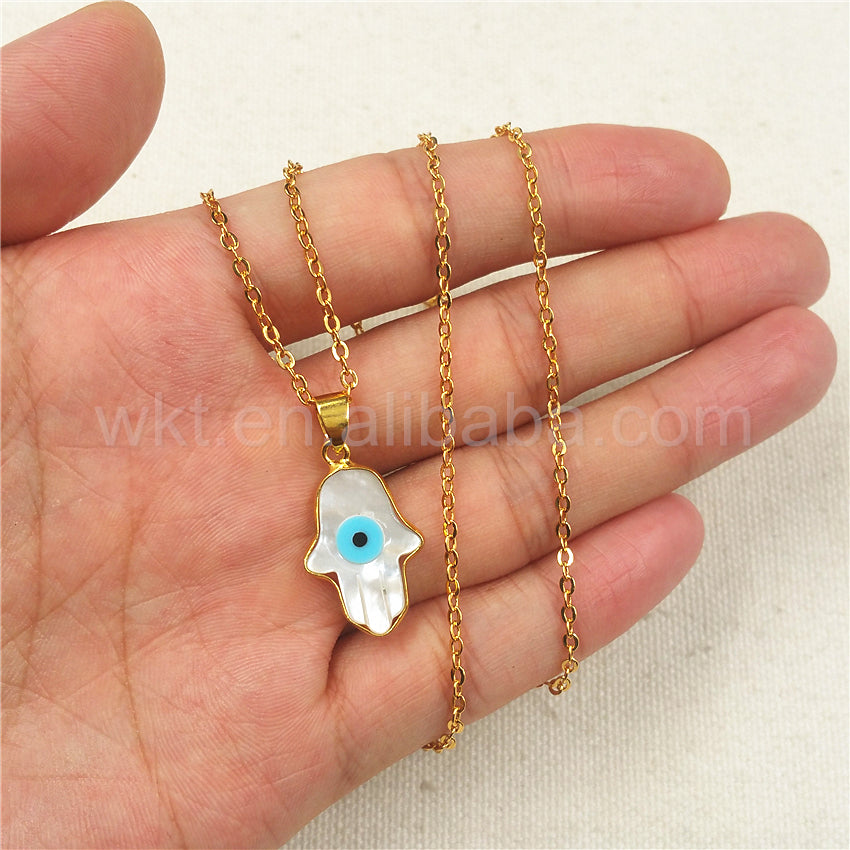 WT-N769 Wholesale 18K Gold Bezel Natural Sea Shell Hand Charm Necklace Turkey Eye Necklace
