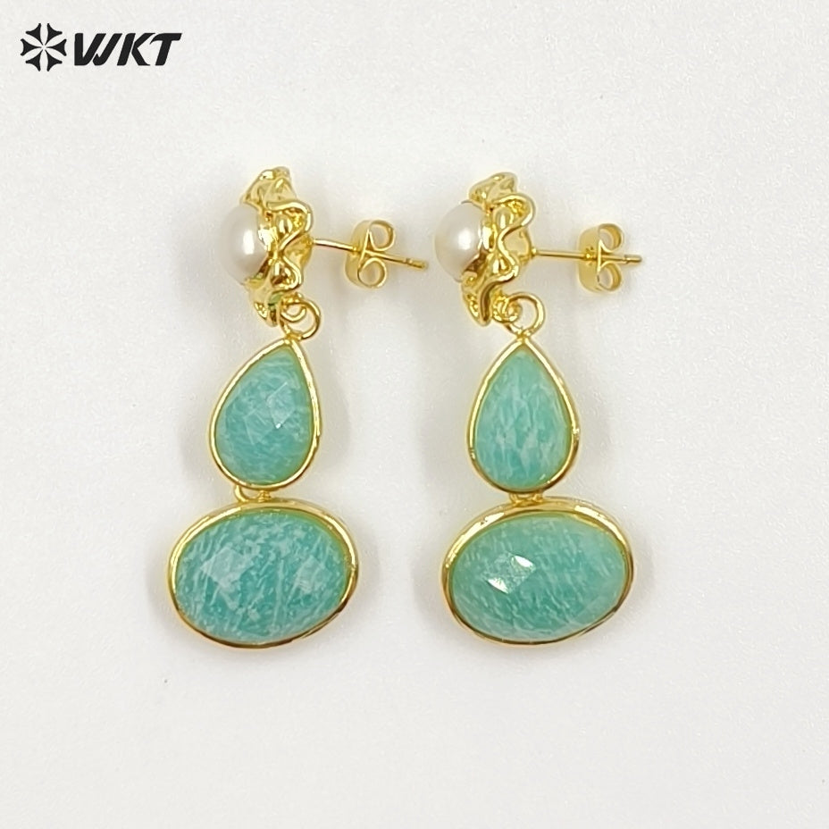 WT-E824 Exclusive Natural Pearl And Double Gemstones Gold Plated Women Earrings For Friends Vintage Beautiful Jewelry Gifts