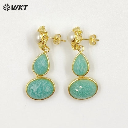 WT-E824 Exclusive Natural Pearl And Double Gemstones Gold Plated Women Earrings For Friends Vintage Beautiful Jewelry Gifts