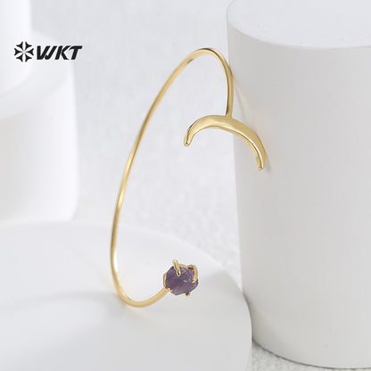 WT-MB130 Resist Tarnishable Elegant Women Bangle Moon Shape With Amethyst and Zircon Gold Color Fashion Jewelry High Quality