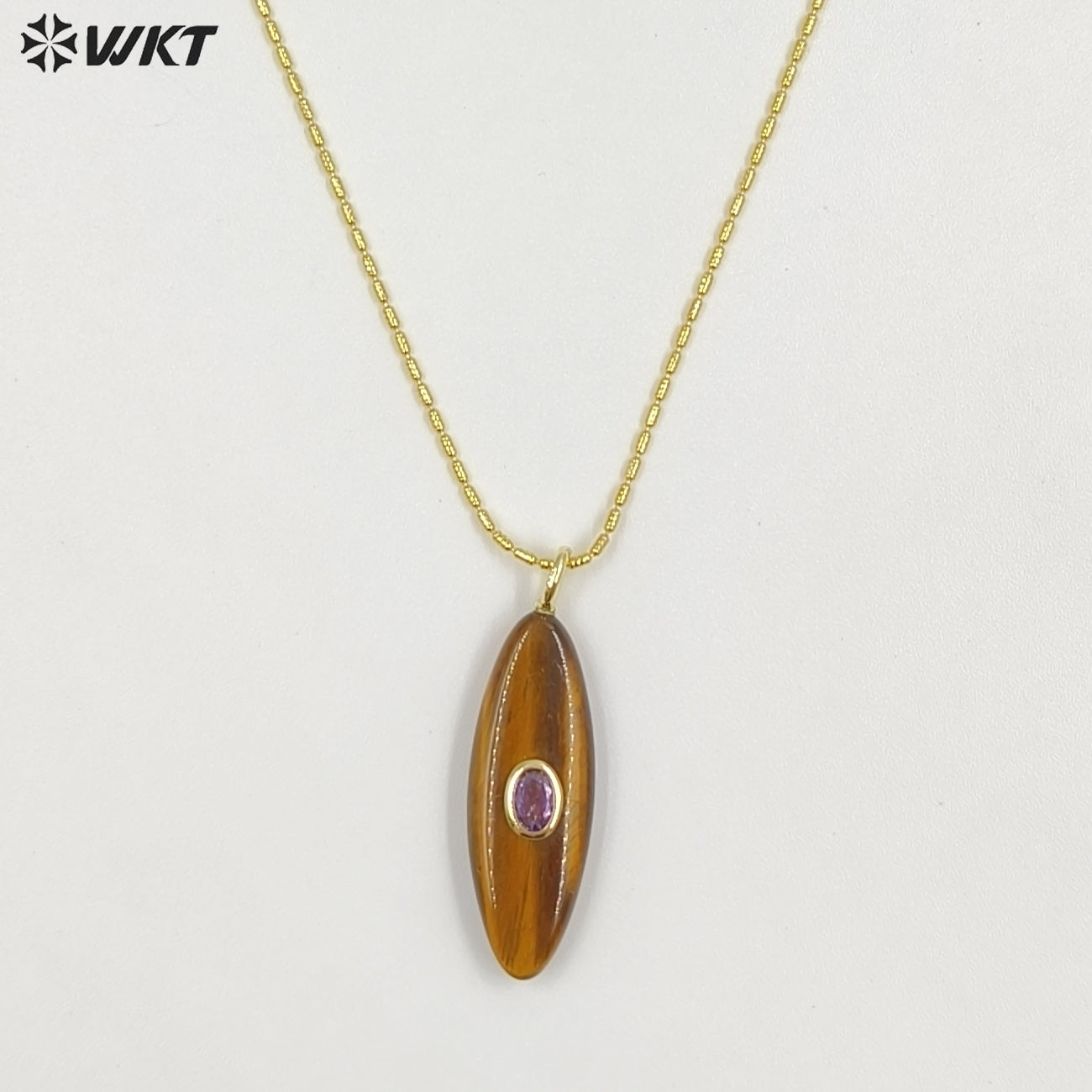 WT-N1509 High Quality Thin Chain Gold Electroplated Natural Gemstones With Zircon Long Oval Shape Pendant Necklaces As Lady Gift
