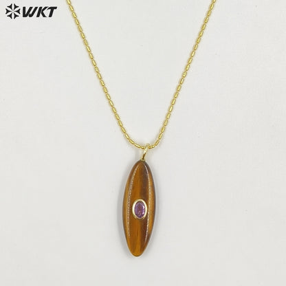 WT-N1509 High Quality Thin Chain Gold Electroplated Natural Gemstones With Zircon Long Oval Shape Pendant Necklaces As Lady Gift