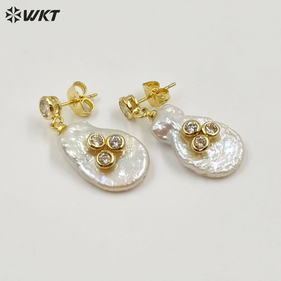 WT-MPE193 Luxury Vintage Colorful Cubic Zircon And Natural Pearl Gold Earrings As Female Friends Birthday Jewelry Gifts
