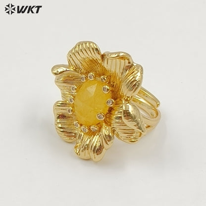 WT-R583 Exquisite Gold Electroplated Zircon And Natural Gemstones Flower Shape Rings For Female Dance Party Jewelry Matching