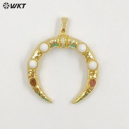 WT-P2050 Delicate 18K Gold Plated Zircon And Lapis Multi Gemstones Horn Shape Pendants For Women DIY Jewelry Accessories