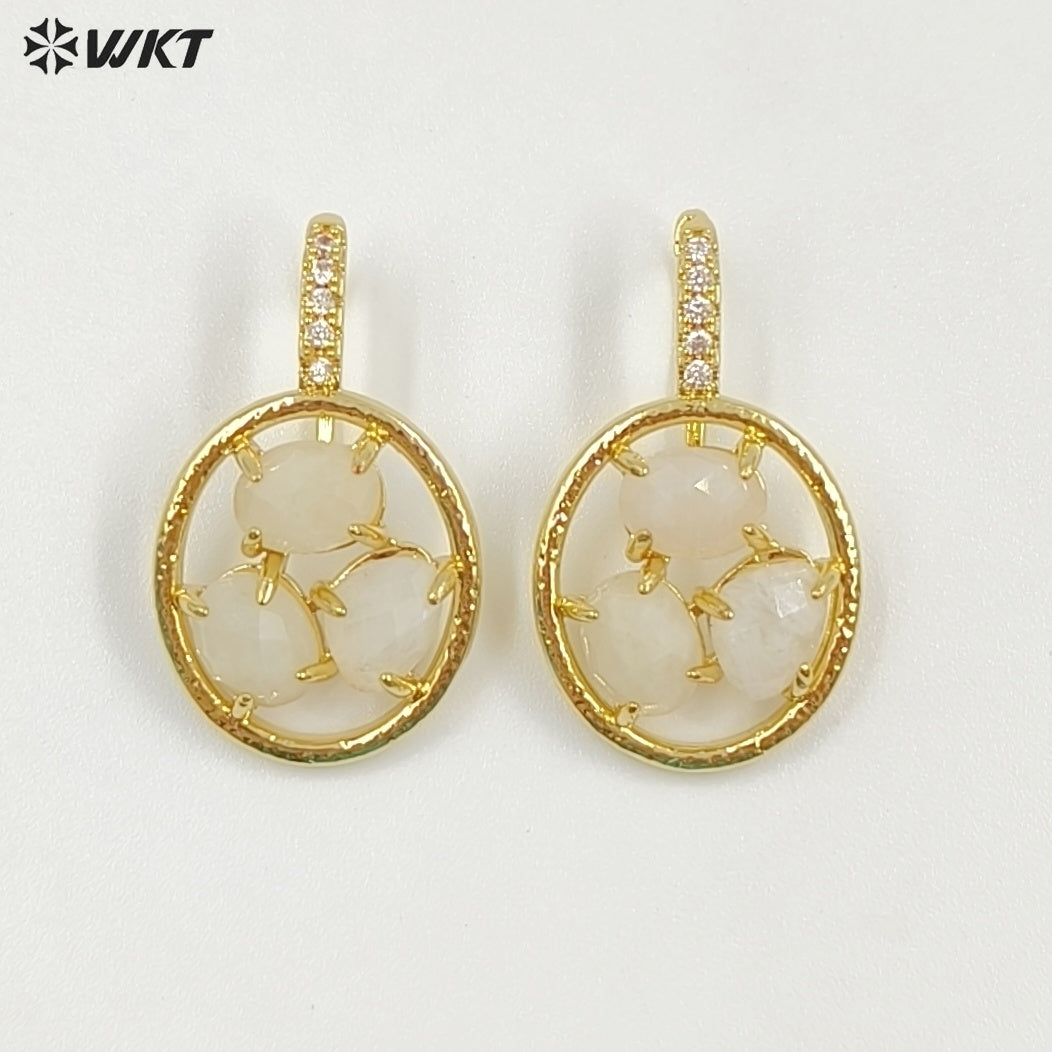 WT-E795 Delicate 18K Gold Plated Three Natural Gemstones With Zircon Hollow Round Earrings For Friend Birthday Gift Jewelry