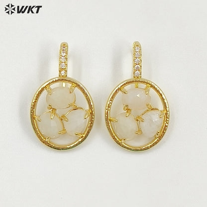 WT-E795 Delicate 18K Gold Plated Three Natural Gemstones With Zircon Hollow Round Earrings For Friend Birthday Gift Jewelry