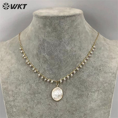WT-JN172 WKT Wholesale Classic Oval White Shell Pendant Necklace Gold Electroplated with Mini Pearl Chain Religious Necklace