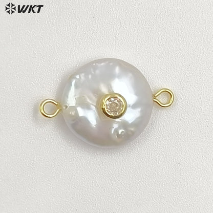 WT-JP252 WKT NEW Natural Freshwater Pearl Cross Pendant Fashion Gold Simple Cz Charm Double Loops Connector As Jewelry Findings