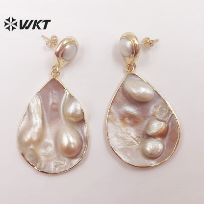 WT-MPE072 Water Drop Shell Earrings European and American Style Fashion Charming 18k Gold-plated Earrings Natural Pearl Earrings