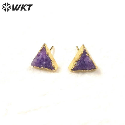 WT-E269 Wholesale Fashion Gold Plated Natural Druzy Quartz Studs Earrings Natural Women 10mm Triangle Stone Studs
